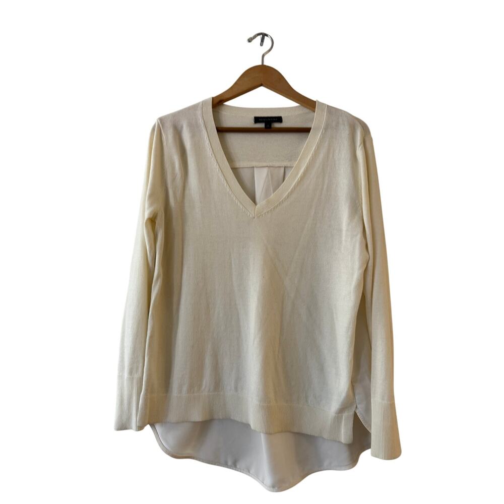 Banana Republic Mixed Media Sweater Size S Cream High Low V-Neck Pullover